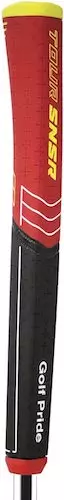 Golf pride tour snsr (sensor) grip in black, red and yellow handle with flat thumb area